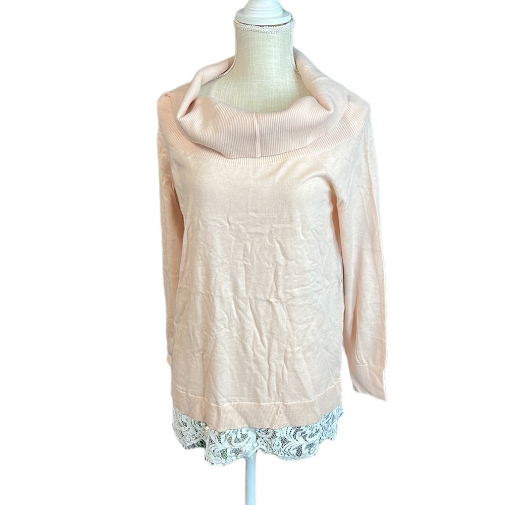 NWT Chelsea28 Long Sleeve Cowl Swoop Sweater Pink White Lace Womens Size S